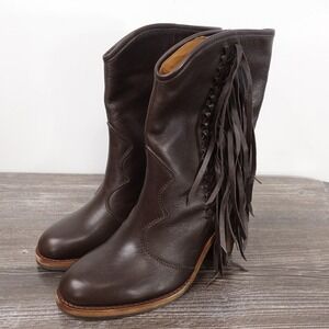 New! Frye Corinne Fringe Baby Calf Boots Womens Size‎ 6 Brown Mid-Calf Western